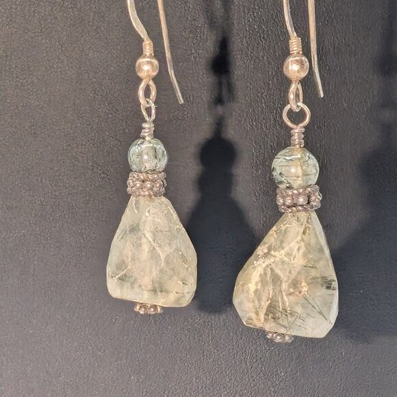 Vintage 925 Sterling Silver Ruff Cut Smoky Rutilated Quartz Dangle Earrings - Picture 3 of 5